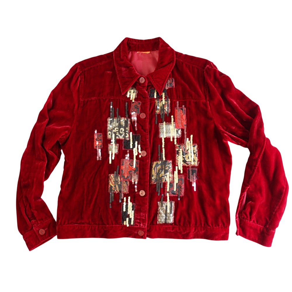Vintage 90s Jacket Womens Large Red Crushed Velvet‎ Sequin Patchwork Art To Wear